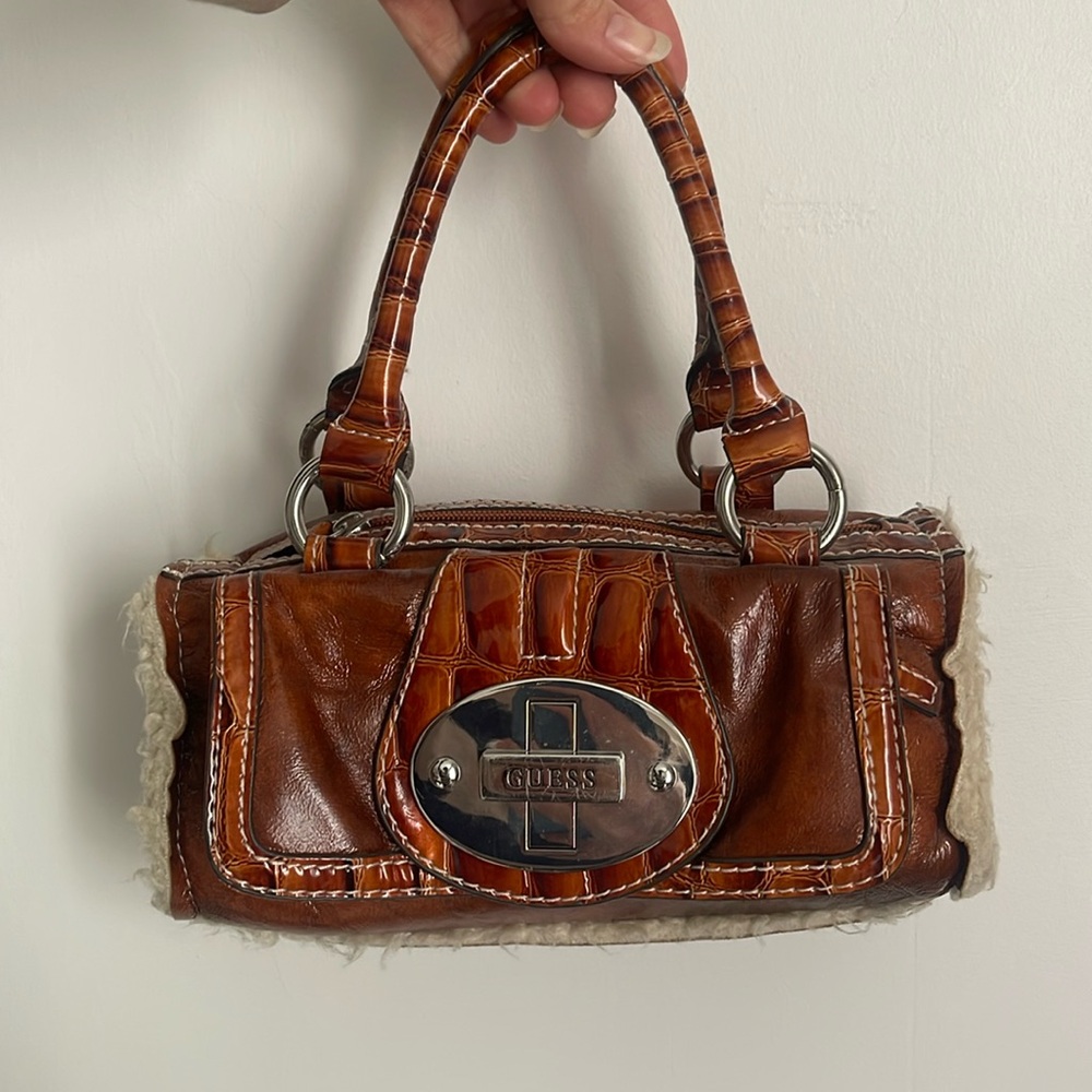 Y2K GUESS barrel purse Vintage leather Sherpa 90s pop star